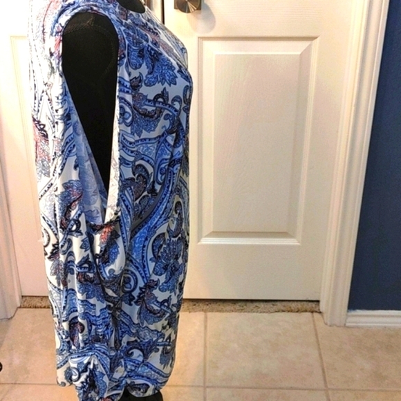NWOT Boston Proper Paisley Long Sleeve Cold Shoulder Ruched Blouse. LARGE. Blue - Picture 3 of 13